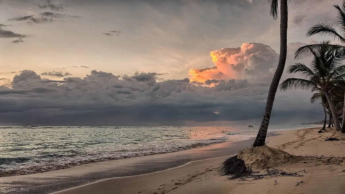 Praia de areia branca com coqueiros ao amanhecer, em Punta Cana